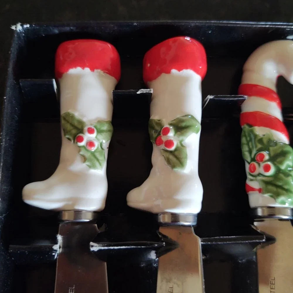 Vintage 1950s 60s Set of Novelty Christmas Theme Butter Spread Knives - Made in